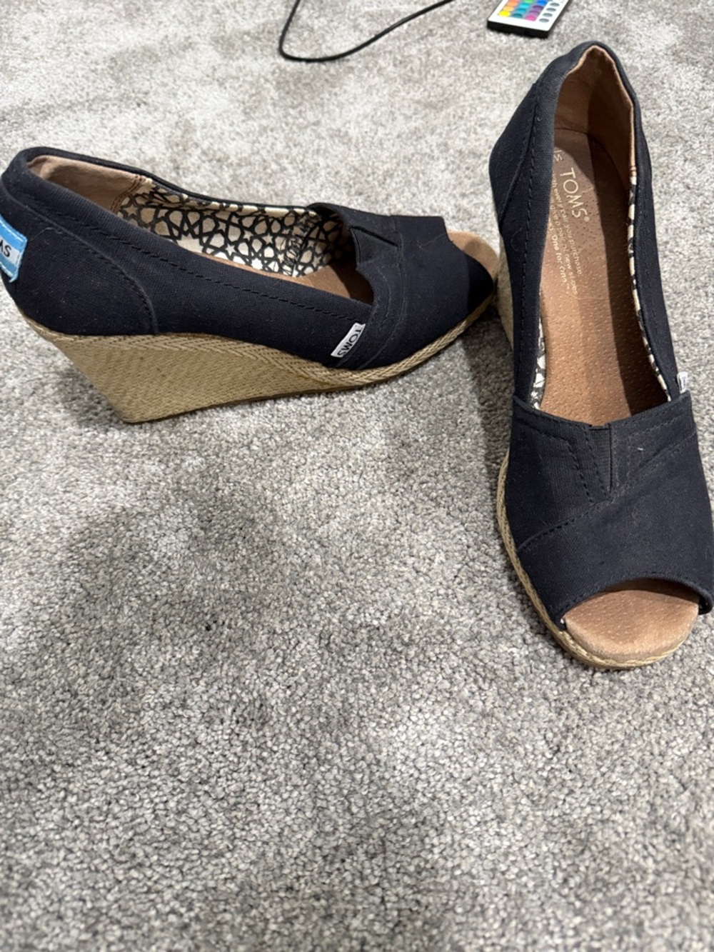 TOMS Black Canvas Espadrille Wedge Peep-Toe